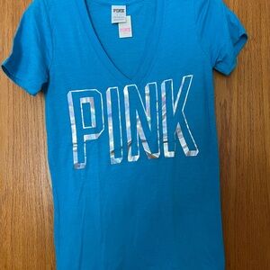 NWT Y2K Victoria’s Secret Pink blue v neck with holographic logo design size S